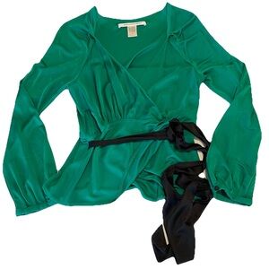 Diane Von Furstenberg Emerald Green Wrap Blouse with Black Sash